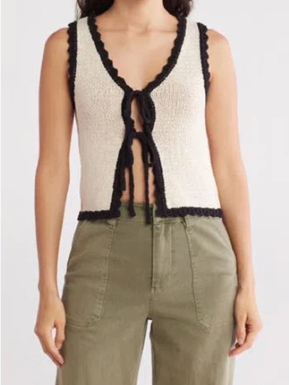 Blu Pepper Cream Knit Vest with Black Trim and Tie